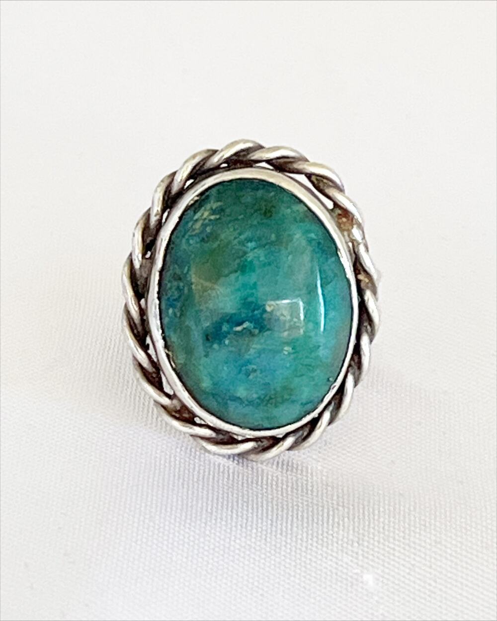Native American Navajo Sterling Silver Turquoise Twisted Rope Bezel Split Band - Picture 5 of 11